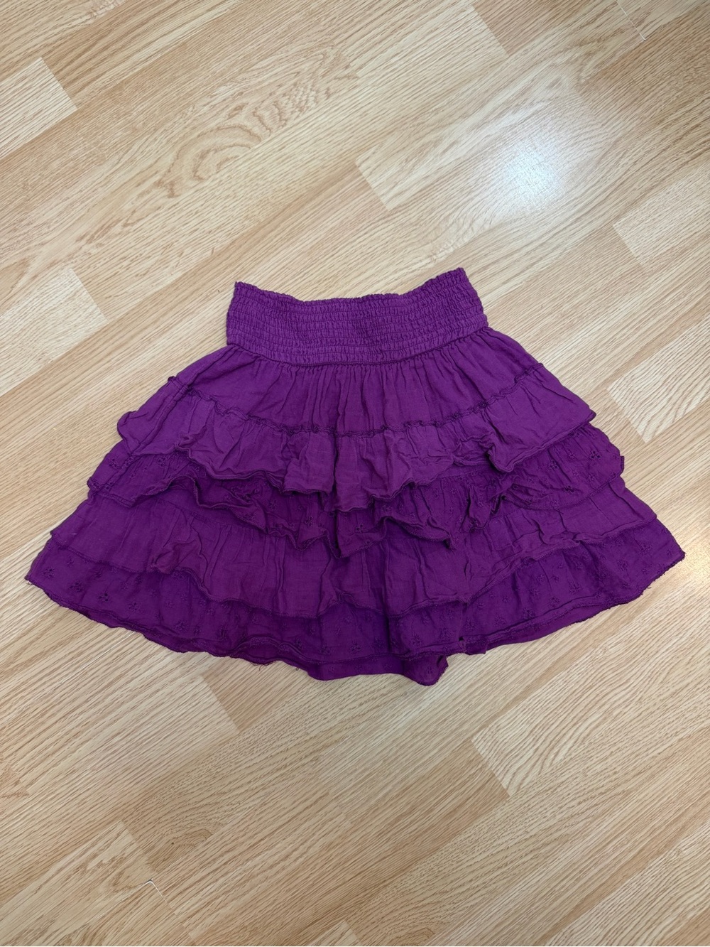 L.E.I. Juniors XS Purple Tiered Ruffle Eyelet Mini Skirt Smocked Waist Boho